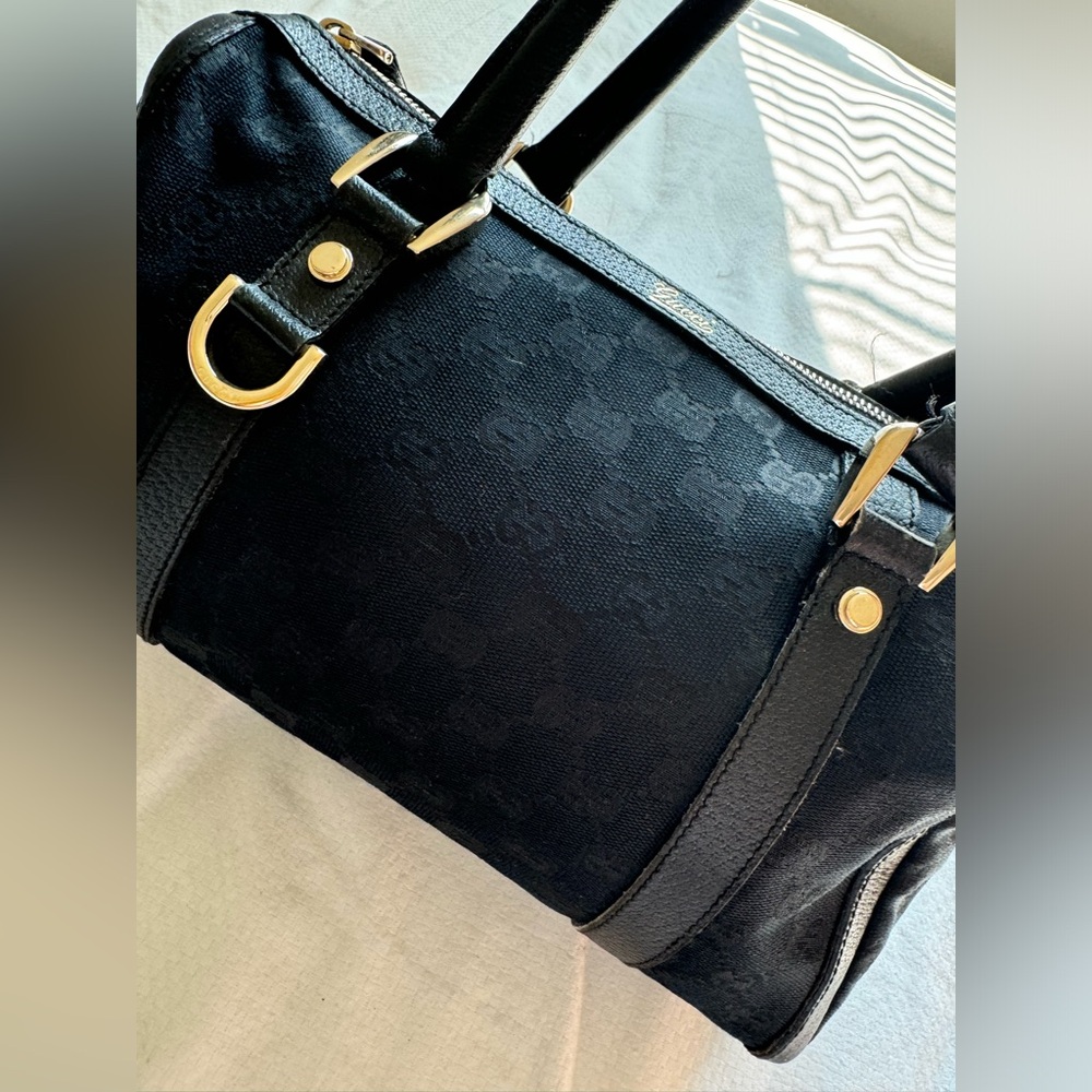 Gucci Black Canvas and Leather Travel Satchel with Gold Hardware